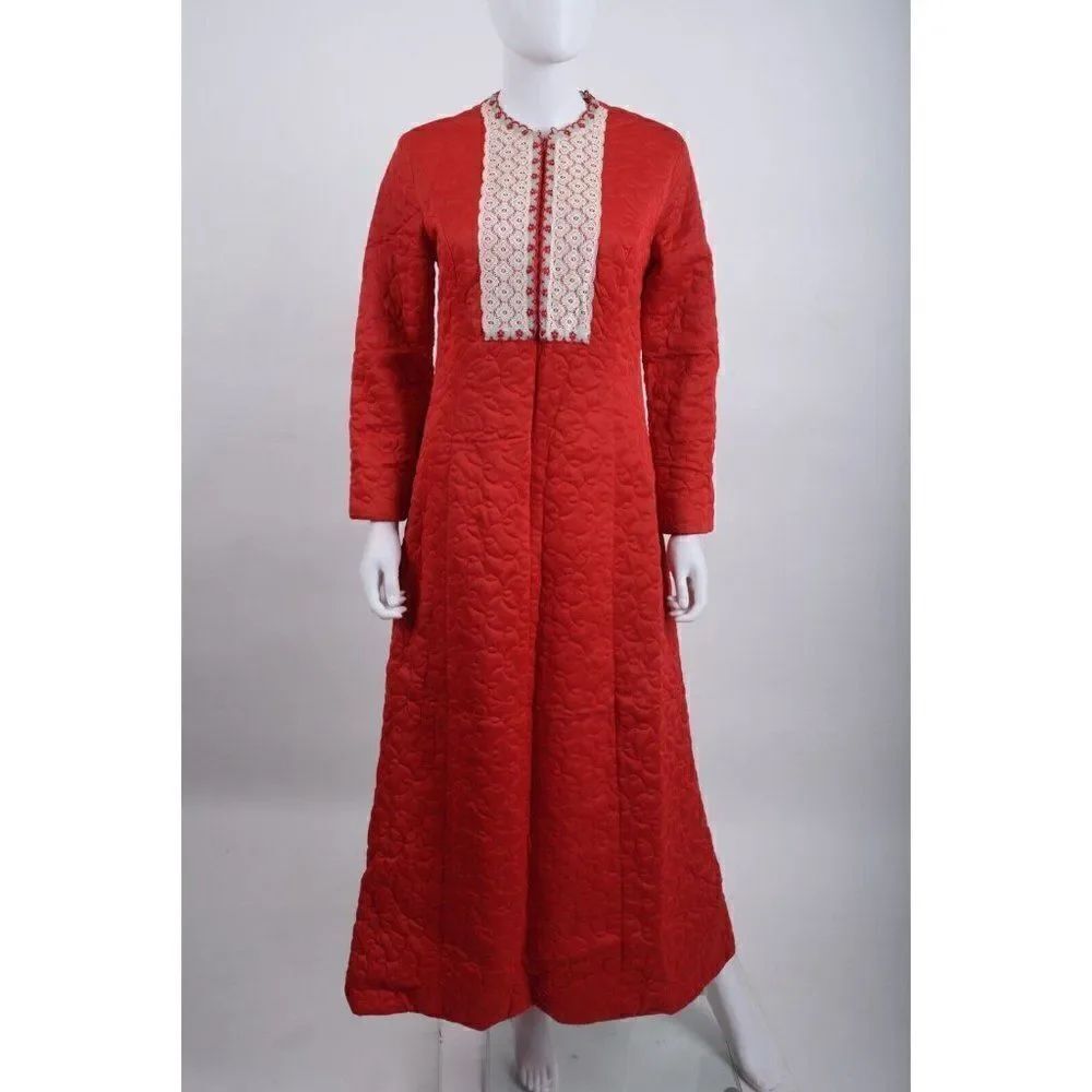 Vintage 60s Vanity Fair Womens House Coat Dressing Robe Sz 12 Red Quilted Lace